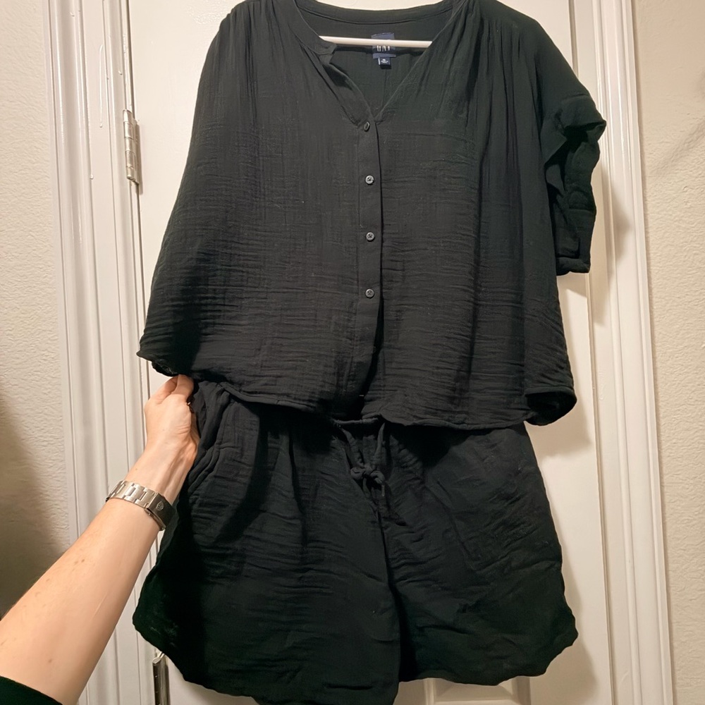 Black Button-Up Top and Shorts Set